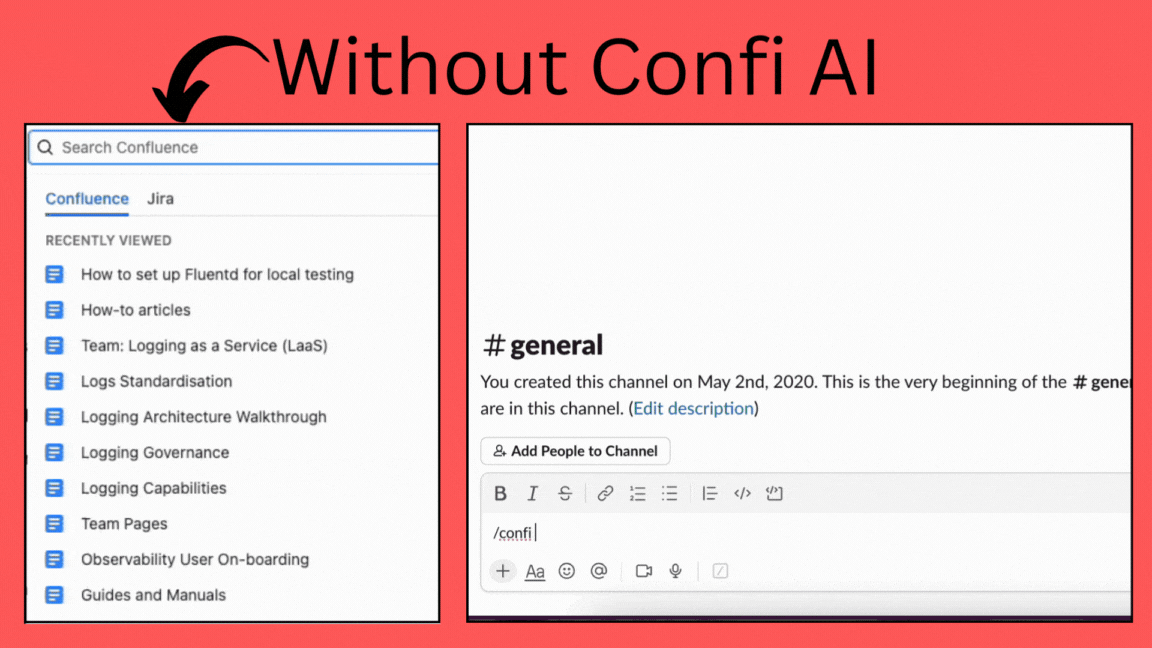 Comparison of searching documentation with and without Confi AI